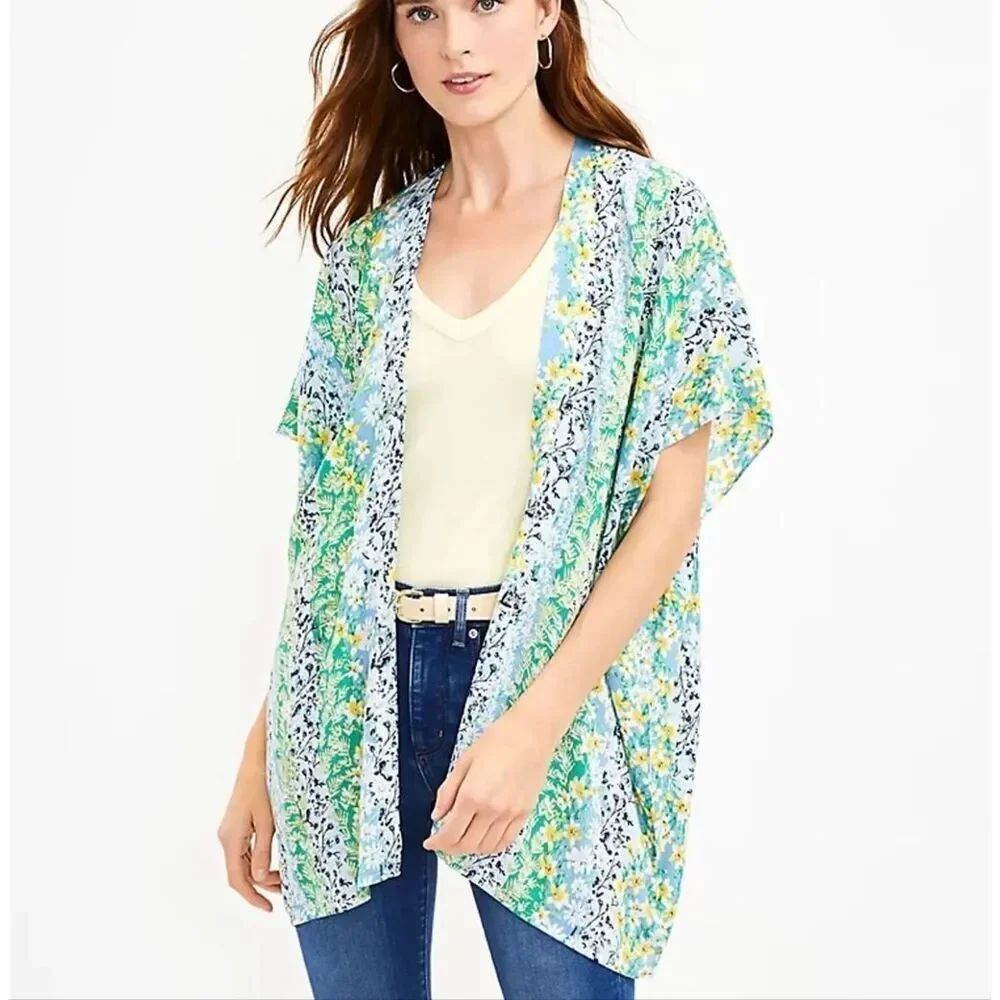 LOFT Floral Kimono Wrap Women’s Blue Green Yellow Lightweight XS/S NWT